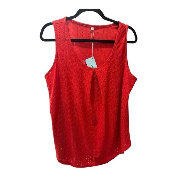 Tank Tops red eyelet Flowy Scoop Neck Loose Fit Tank-Top Sleeveless Cami - Picture 2 of 13